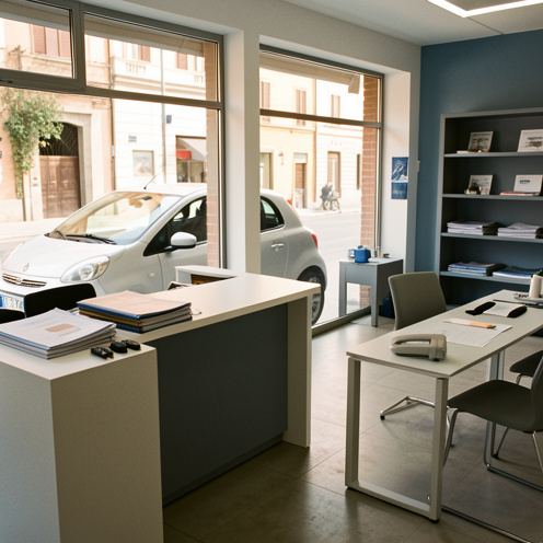 Intérieur moderne d’une agence automobile à Cesena avec un bureau d’accueil, des clés de voiture, des dossiers neutres et une voiture argentée visible par la fenêtre.