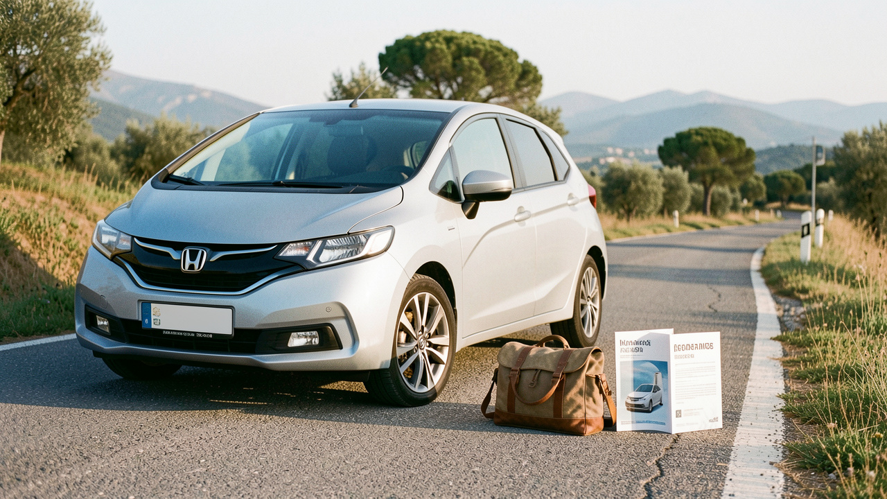 Voiture moderne stationnée sur une route italienne avec un dossier d’assurance générique et un sac de voyage