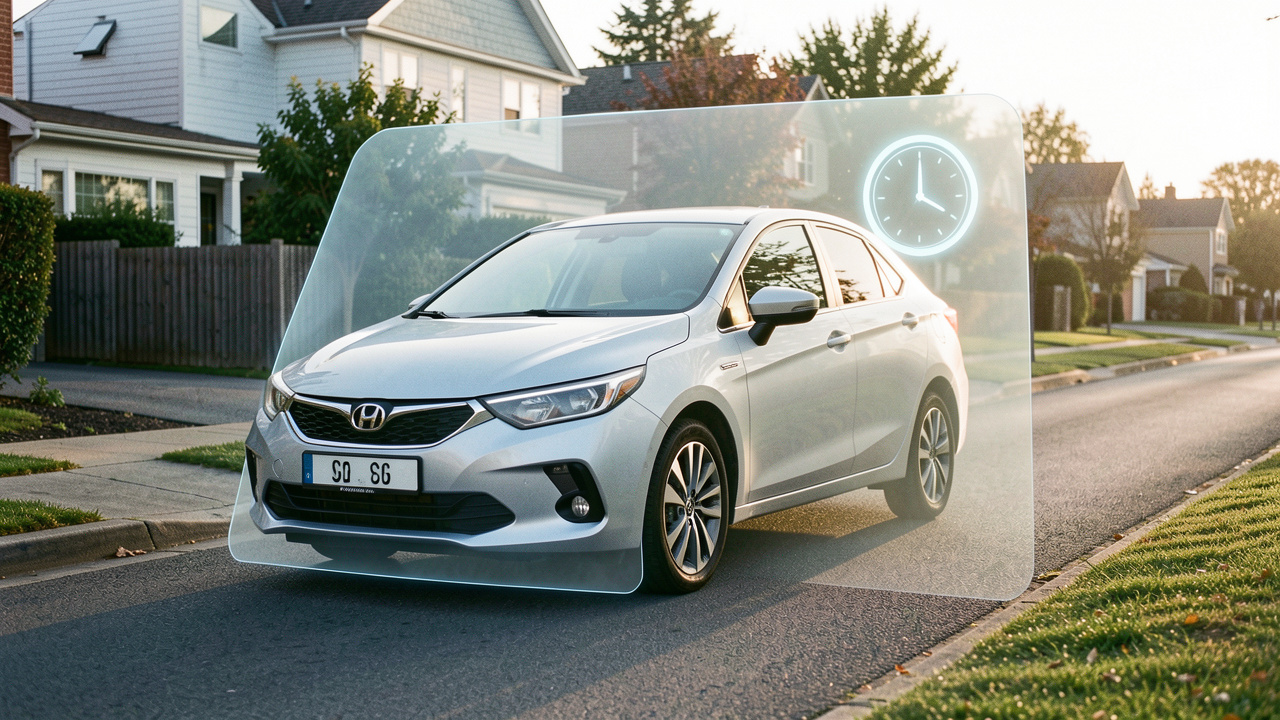 Voiture compacte moderne protégée par un halo translucide dans une rue résidentielle calme, évoquant une assurance automobile temporaire.