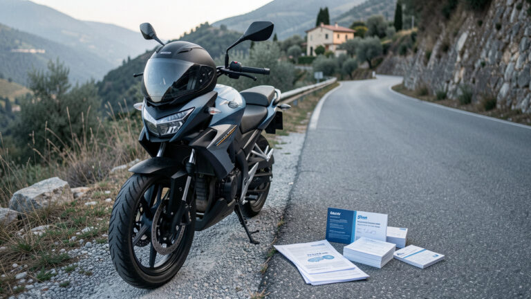Moto 125 moderne stationnée au bord d’une route italienne avec un casque et des documents d’assurance sans texte visible.