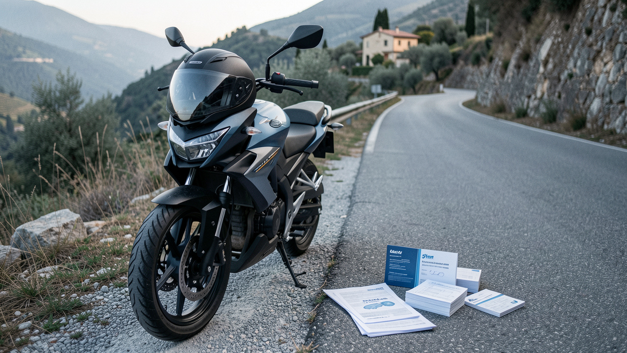 Moto 125 moderne stationnée au bord d’une route italienne avec un casque et des documents d’assurance sans texte visible.