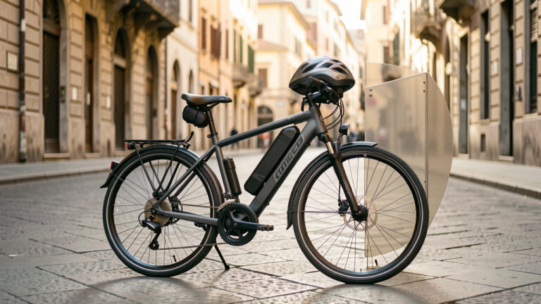 Vélo électrique moderne accompagné d’un casque et d’un bouclier symbolisant la protection par assurance dans une rue urbaine italienne.