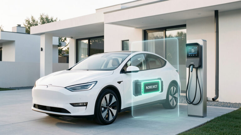 Voiture électrique blanche stationnée près d’une borne de recharge, entourée d’un bouclier lumineux symbolisant la couverture d’assurance et la protection de sa batterie.