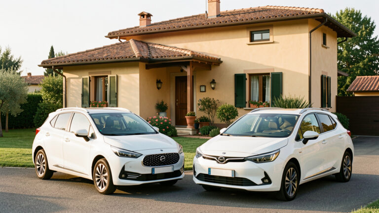 Deux voitures familiales modernes garées côte à côte devant une maison italienne, évoquant une assurance automobile familiale et une protection financière partagée.