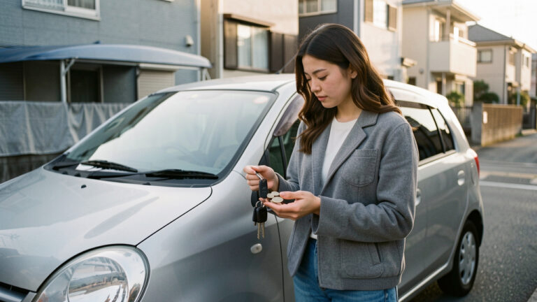 Jeune femme nouvellement conductrice debout près d’une petite voiture, tenant ses clés et comparant quelques pièces dans un quartier résidentiel