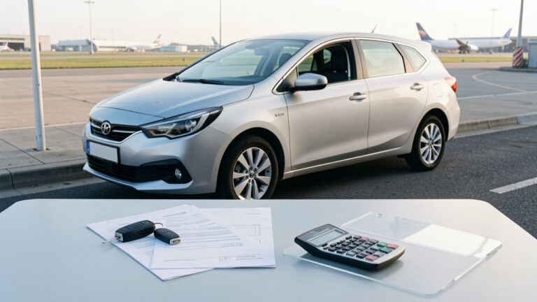 Voiture de location garée près d’un aéroport avec une clé, des documents vierges, une calculatrice et un symbole de protection évoquant la vérification de l’assurance avant le départ.