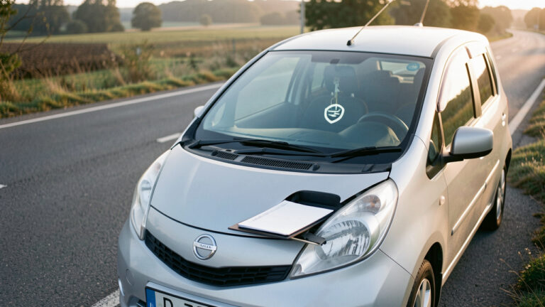 Voiture de location argentée stationnée au bord d'une route, avec un dossier d'assurance vierge visible dans la boîte à gants, évoquant les garanties et les protections à vérifier avant le départ.