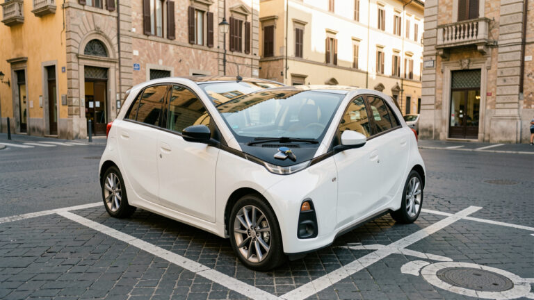 Voiture électrique compacte destinée à l’autopartage stationnée dans une rue d’une ville italienne, avec un smartphone et des clés visibles sur le tableau de bord.