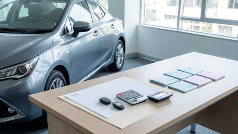 Voiture moderne près d’un bureau avec des documents vierges, une calculatrice sans symboles visibles et des clés de voiture.