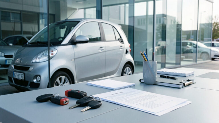 Voiture compacte moderne garée devant un bureau vitré, entourée de clés et de documents vierges soigneusement organisés pour illustrer le choix d’une location longue durée.
