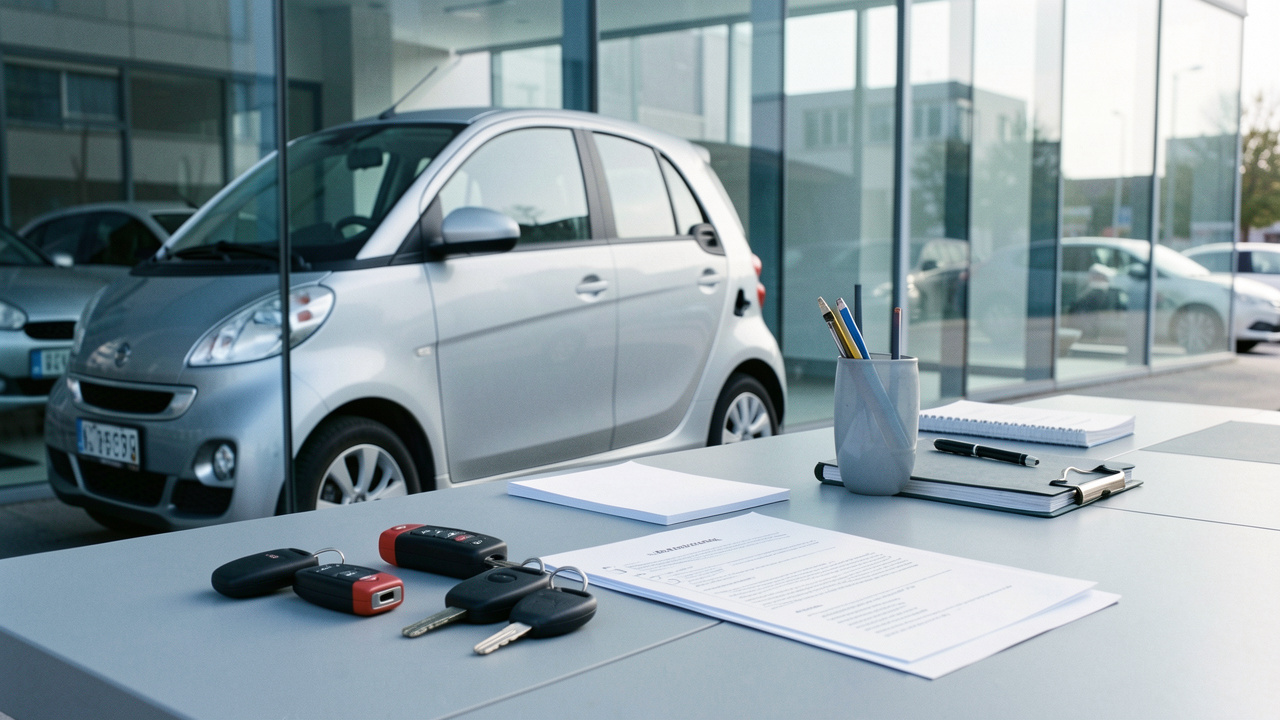 Voiture compacte moderne garée devant un bureau vitré, entourée de clés et de documents vierges soigneusement organisés pour illustrer le choix d’une location longue durée.