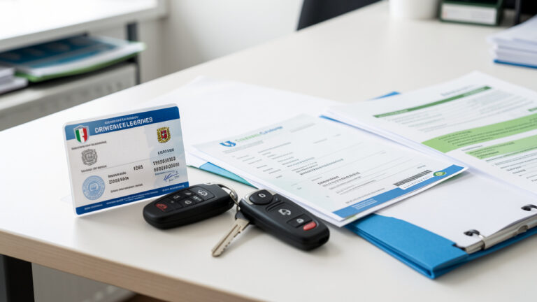 Carte de permis de conduire sans inscription, clés de voiture et documents administratifs organisés sur un bureau, illustrant la conversion d’une patente française en Italie.