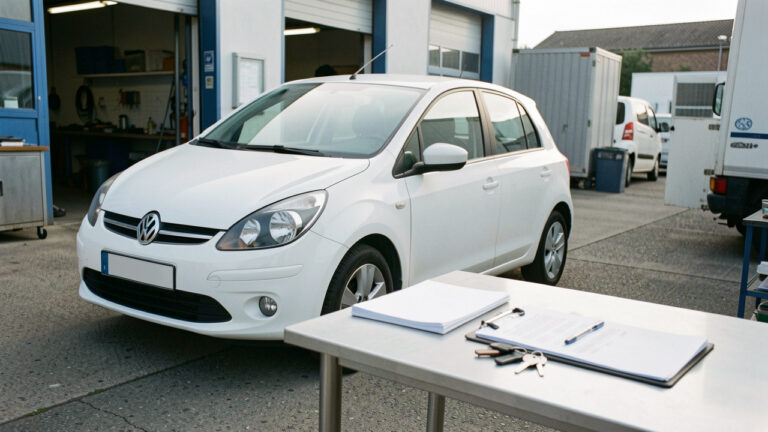 Voiture européenne avec plaque temporaire vierge garée devant un atelier de contrôle, accompagnée de documents administratifs vierges et de clés.