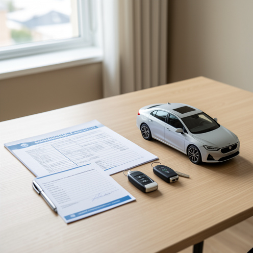 Documents vierges, stylo, clés de voiture et miniature automobile soigneusement disposés sur un bureau pour symboliser la préparation des démarches administratives liées à une voiture.