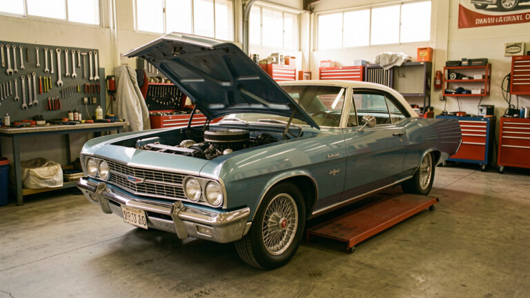 Voiture américaine classique en cours d’entretien dans un garage professionnel italien, avec outils organisés et équipements de protection.