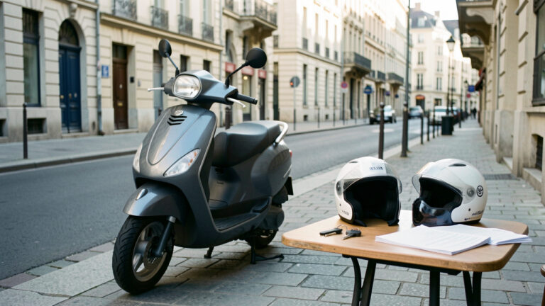 Scooter 50 cm³ garé dans une rue urbaine, accompagné d’un casque, de clés et de documents d’assurance vierges.