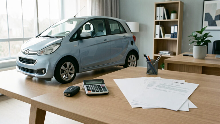 Voiture moderne accompagnée de documents vierges, d’une clé et d’une calculatrice, illustrant la comparaison entre leasing automobile et financement traditionnel.
