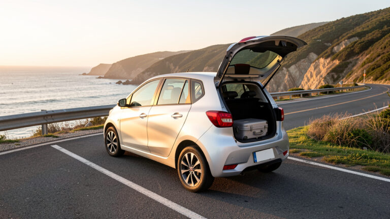 Voiture de location moderne garée près d’une route côtière, avec une valise dans le coffre, évoquant un trajet en aller simple.