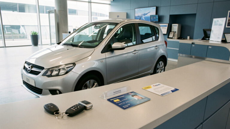 Voiture compacte de location avec clés, carte de débit, pièce d’identité et dépôt de garantie disposés sur un comptoir moderne.