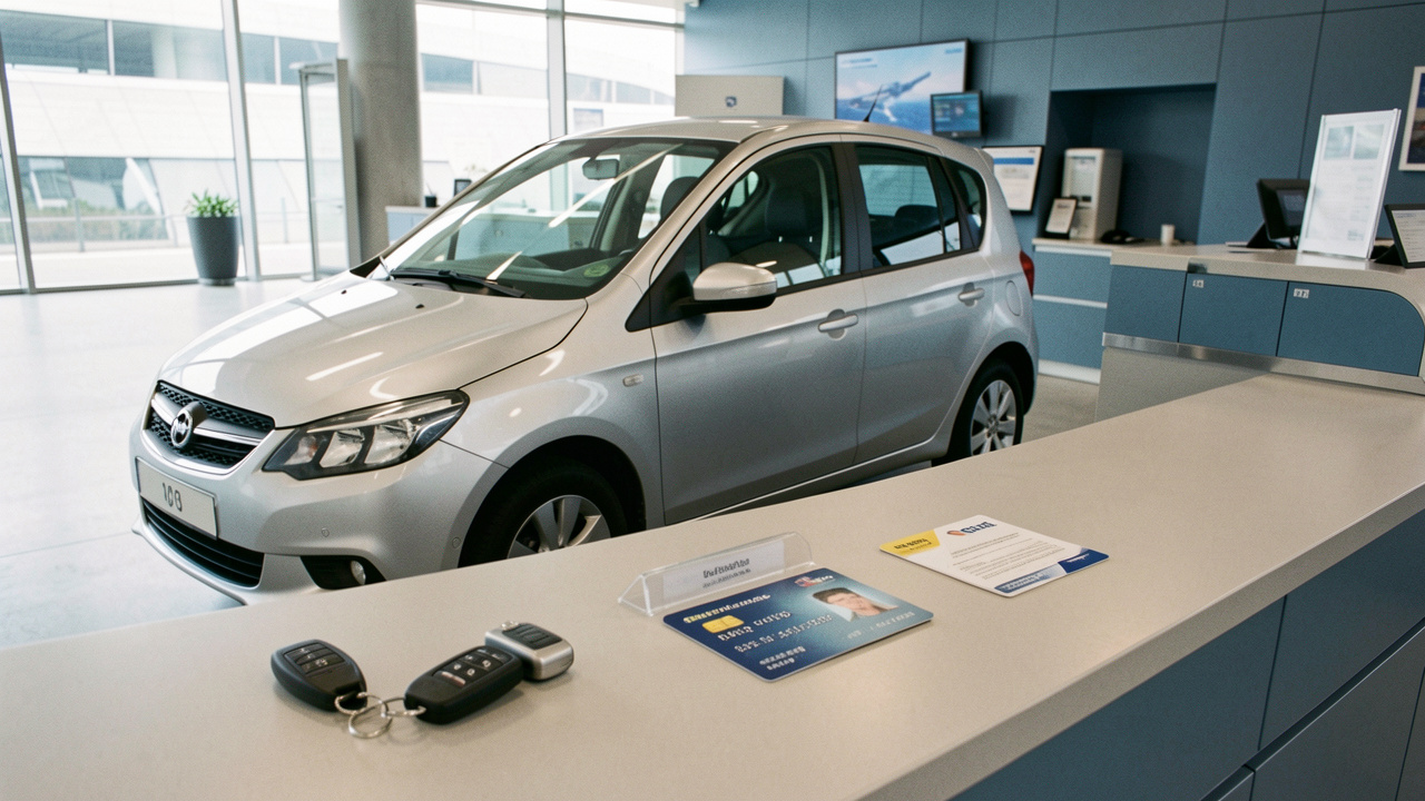 Voiture compacte de location avec clés, carte de débit, pièce d’identité et dépôt de garantie disposés sur un comptoir moderne.