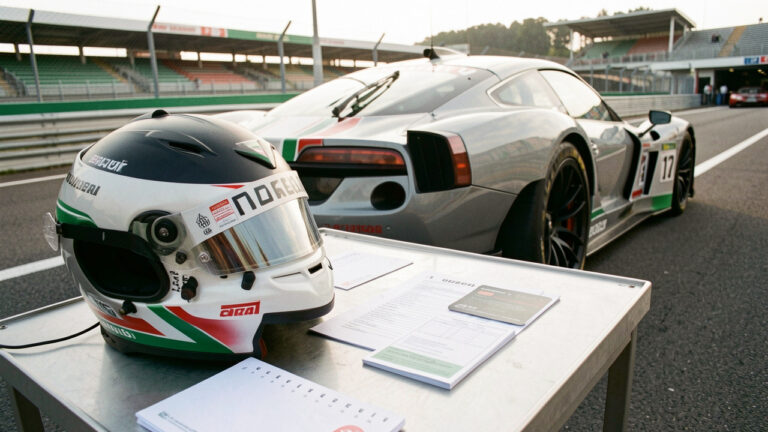 Voiture de course stationnée dans la voie des stands avec un casque, des formulaires vierges, une carte de licence sans inscription et un dossier d’assurance sur une table métallique.