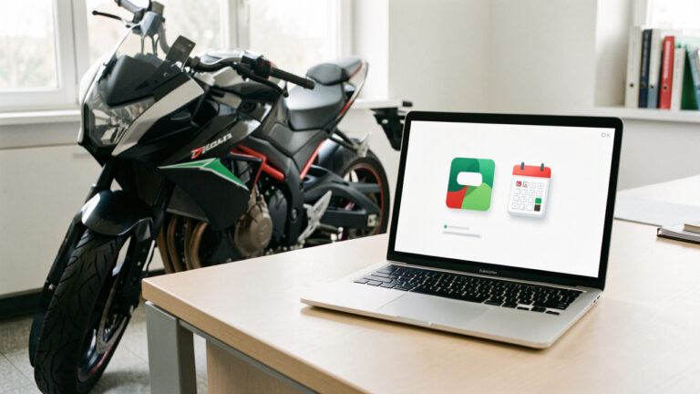 Moto garée à côté d’un ordinateur portable illustrant le calcul et le paiement en ligne de la taxe moto en Italie.