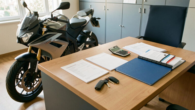 Moto garée près d’un bureau administratif avec des formulaires vierges, des clés, une calculatrice et un dossier organisé.