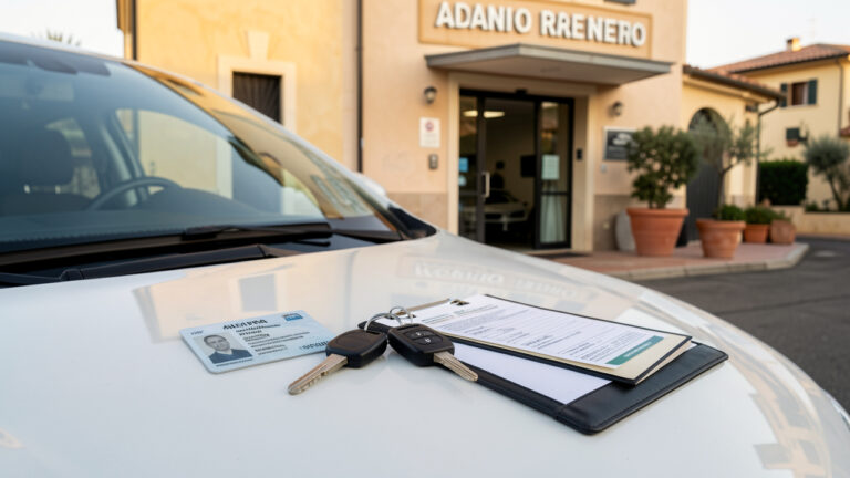 Permis de conduire vierge posé près de clés de voiture sur le capot d’une voiture de location devant une agence italienne