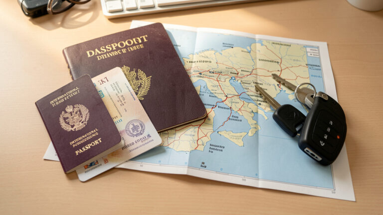 Permis de conduire international posé avec un passeport, des clés de voiture et une carte routière sans inscriptions sur un bureau de voyage.