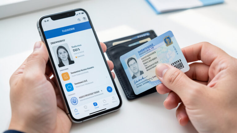 Main féminine ajoutant un permis de conduire numérique dans un portefeuille officiel sur un smartphone, avec une carte physique posée à côté.