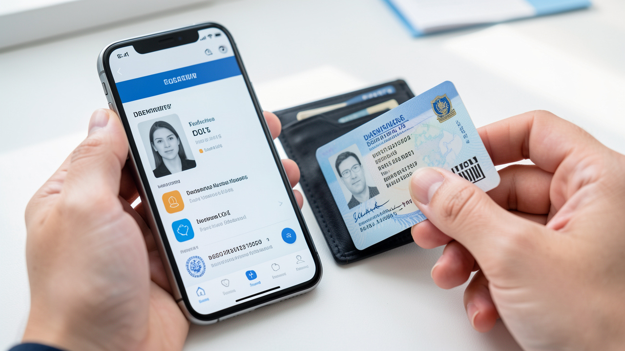 Main féminine ajoutant un permis de conduire numérique dans un portefeuille officiel sur un smartphone, avec une carte physique posée à côté.