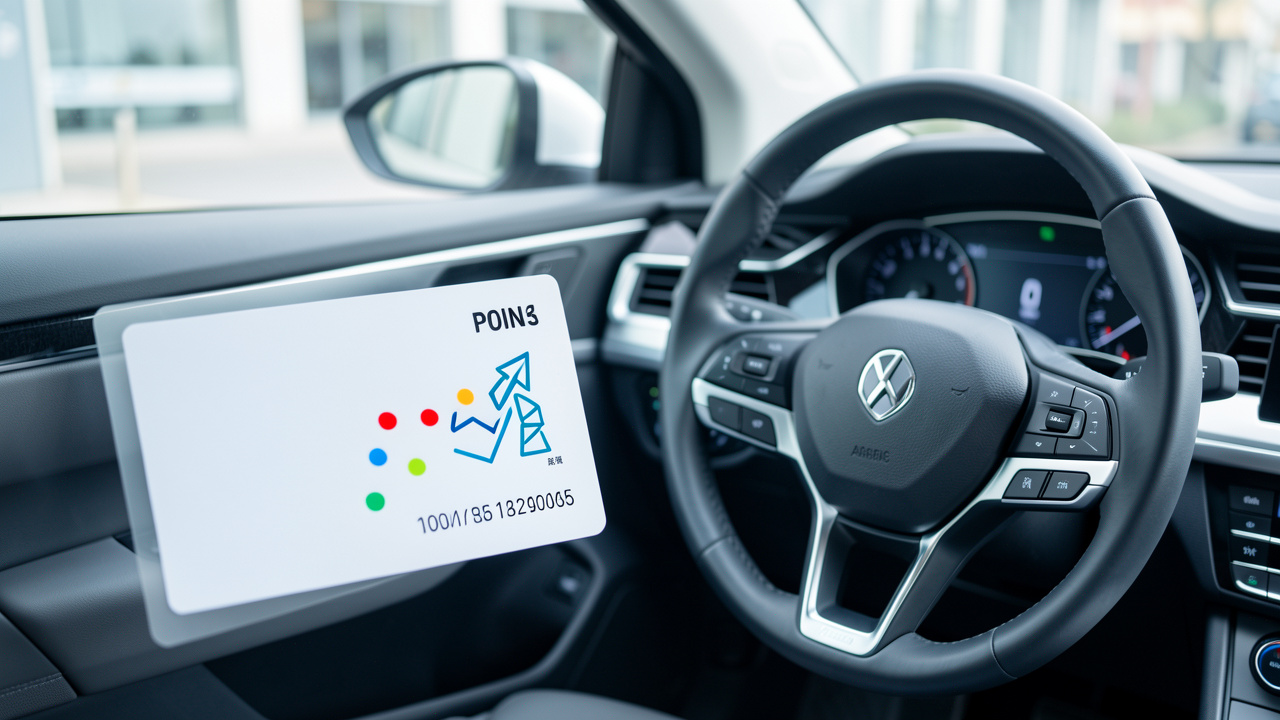 Carte de permis de conduire vierge posée près d’un volant, avec des points lumineux symbolisant le suivi et la récupération des points.