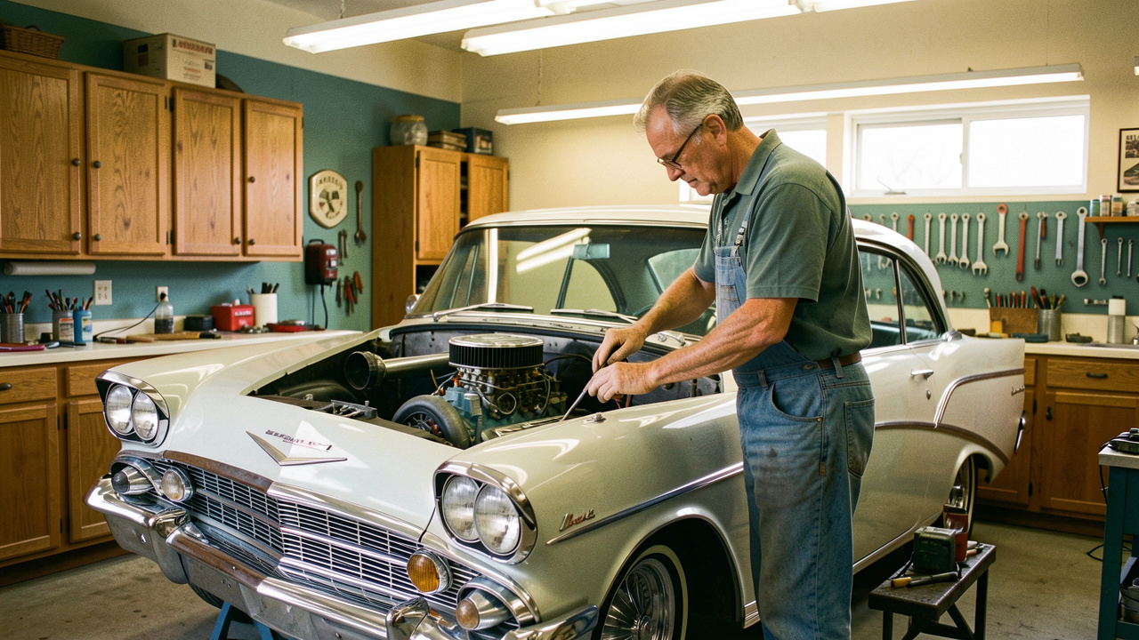 Un mécanicien restaure soigneusement une voiture ancienne dans un atelier automobile traditionnel, entouré d’outils et de détails chromés.