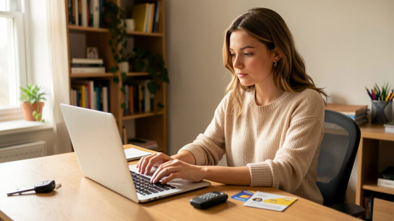 Jeune femme consultant en ligne le résultat de son examen de conduite, avec une clé de voiture et une carte de conduite posées à côté de son ordinateur.