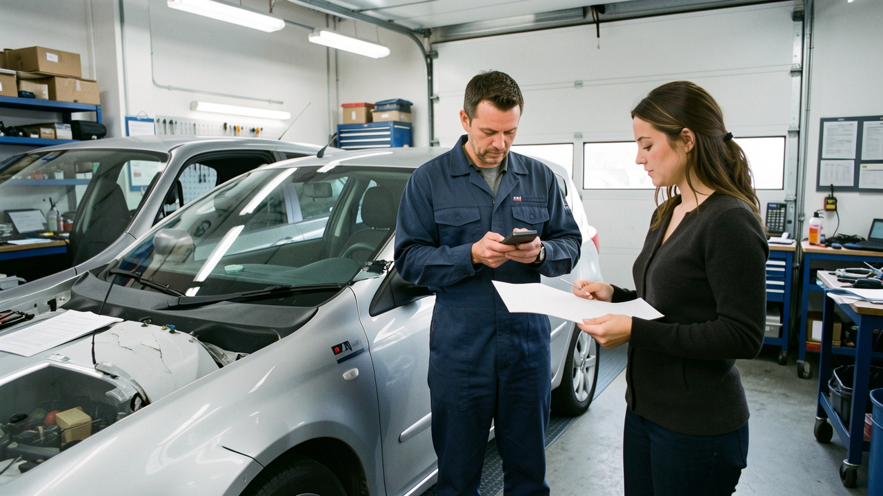 Un mécanicien inspecte une voiture argentée dans un garage, tandis qu’une conductrice tient des documents vierges, illustrant la révision automobile et ses démarches administratives.