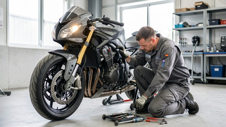 Motocyclette examinée par un mécanicien dans un atelier professionnel, avec contrôle des freins, des pneus et des composants essentiels.