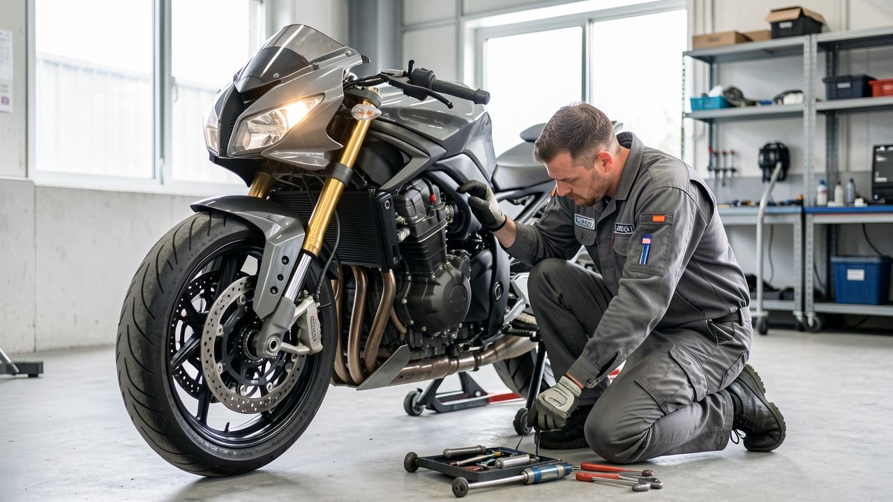 Motocyclette examinée par un mécanicien dans un atelier professionnel, avec contrôle des freins, des pneus et des composants essentiels.