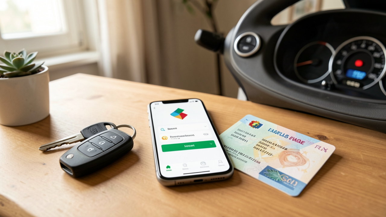 Smartphone affichant une interface abstraite à côté d’un permis de conduire européen, de clés de voiture et d’un tableau de bord, illustrant les services en ligne pour le permis en Italie.