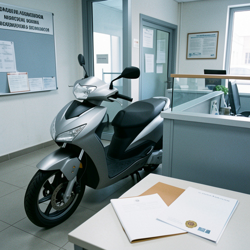 Cyclomoteur stationné dans un espace administratif à côté d’un dossier et de documents vierges évoquant une procédure de suspension de circulation.