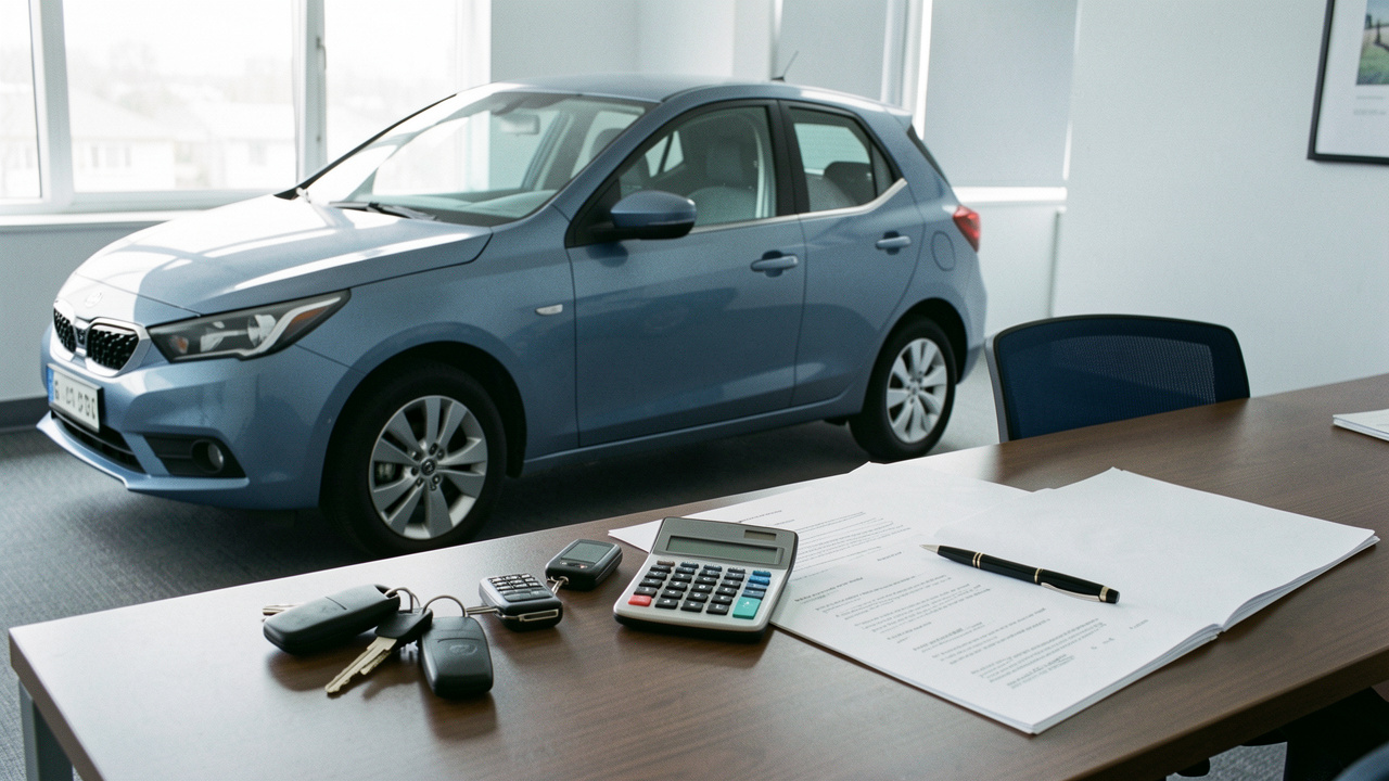 Voiture moderne, clés, calculatrice et documents vierges disposés sur un bureau administratif pour illustrer le transfert de propriété automobile.