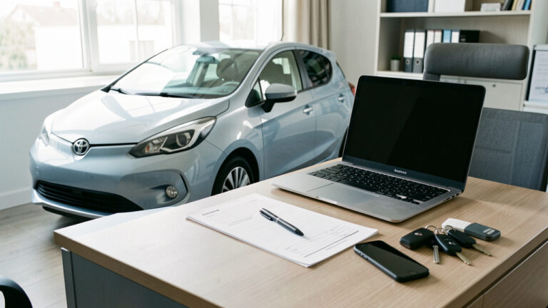 Voiture moderne près d’un bureau avec ordinateur portable, formulaires vierges, smartphone et clés, illustrant une démarche de transfert de propriété automobile en ligne.