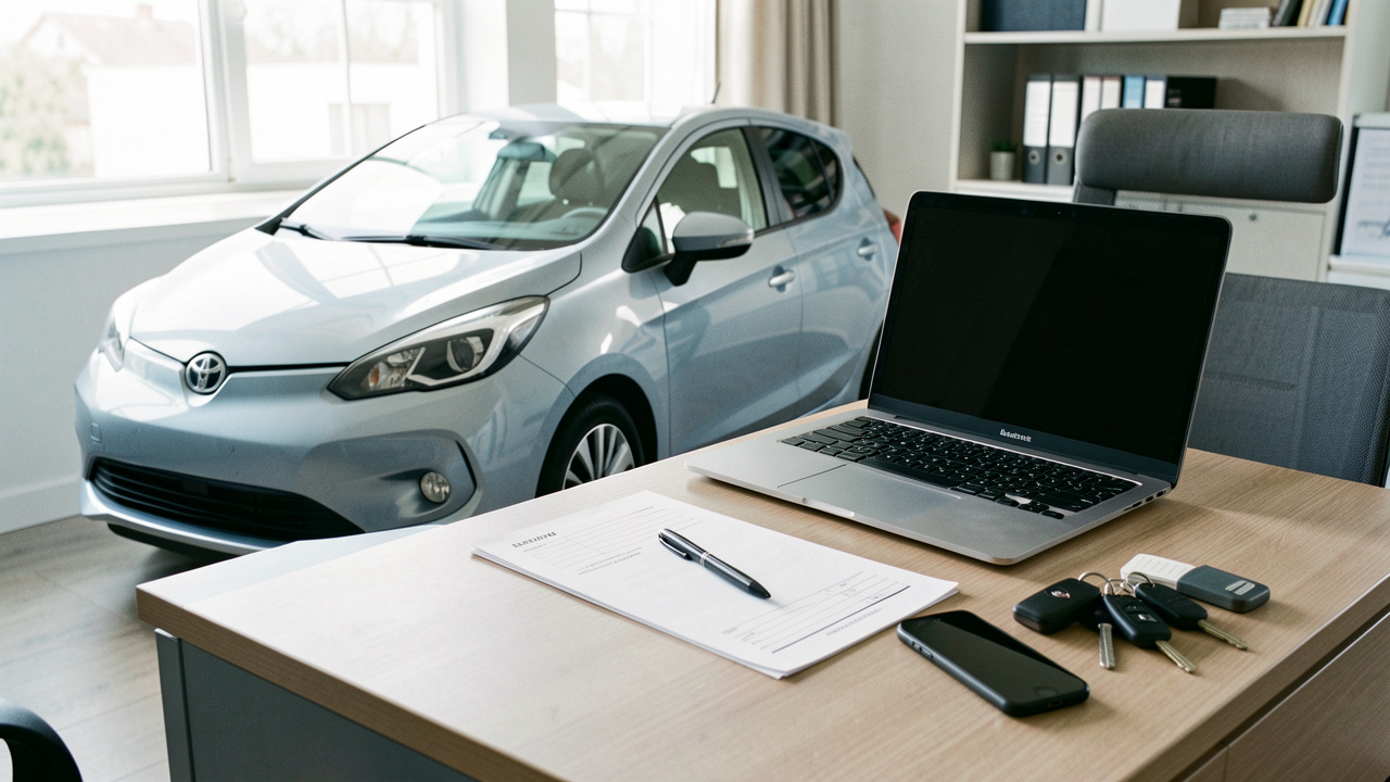 Voiture moderne près d’un bureau avec ordinateur portable, formulaires vierges, smartphone et clés, illustrant une démarche de transfert de propriété automobile en ligne.