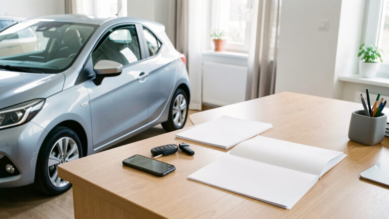 Voiture moderne, clés, smartphone et documents vierges disposés sur un bureau pour illustrer le transfert de propriété automobile en ligne.