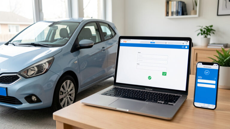 Voiture moderne garée près d’un ordinateur portable et d’un smartphone illustrant la vérification et le paiement en ligne de la taxe automobile.