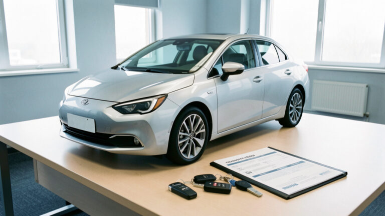 Voiture de remplacement argentée avec clés et dossier d’assurance disposés sur un bureau lumineux.