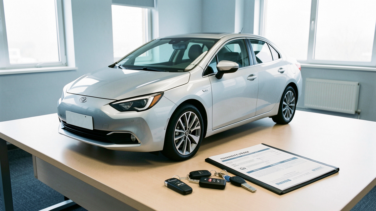 Voiture de remplacement argentée avec clés et dossier d’assurance disposés sur un bureau lumineux.